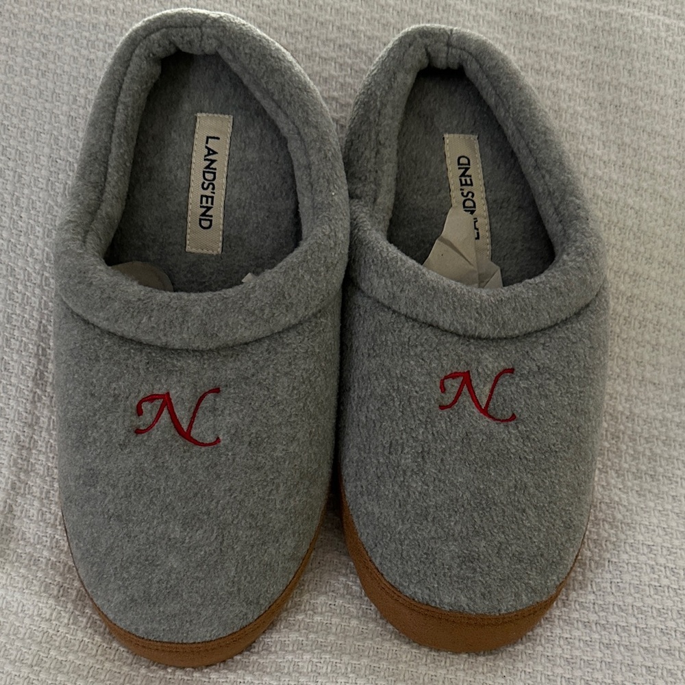 Lands' End Gray Slippers with Red Monogrammed N